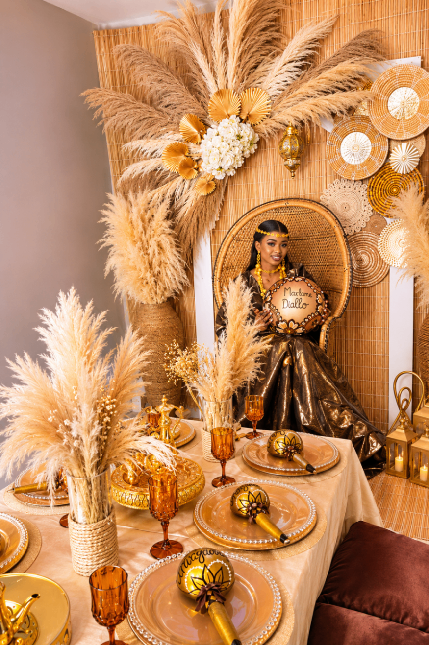 Warm gold portrait setup with pampas, woven details, and a statement peacock chair.